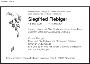Traueranzeige von Siegfried Fiebiger von Hersfelder Zeitung