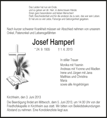 Traueranzeige von Josef Hamperl von Hersfelder Zeitung