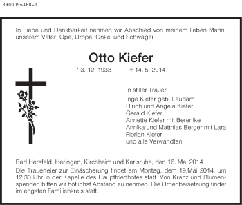 Traueranzeige von Otto Kiefer von Hersfelder Zeitung