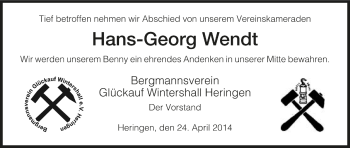 Traueranzeige von Hans-Georg Wendt von Hersfelder Zeitung