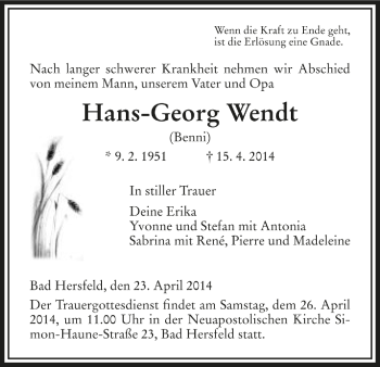 Traueranzeige von Hans-Georg Wendt von Hersfelder Zeitung