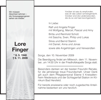Traueranzeige von Lore Finger von HERSFELDER ZEITUNG