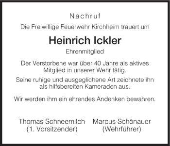 Traueranzeige von Heinrich Ickler von HERSFELDER ZEITUNG
