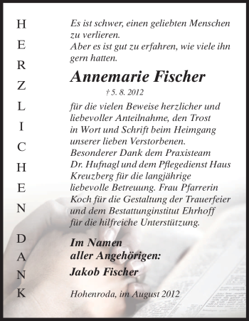 Traueranzeige von Annemarie Fischer von HERSFELDER ZEITUNG