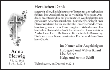 Traueranzeige von Anna Herwig von HERSFELDER ZEITUNG