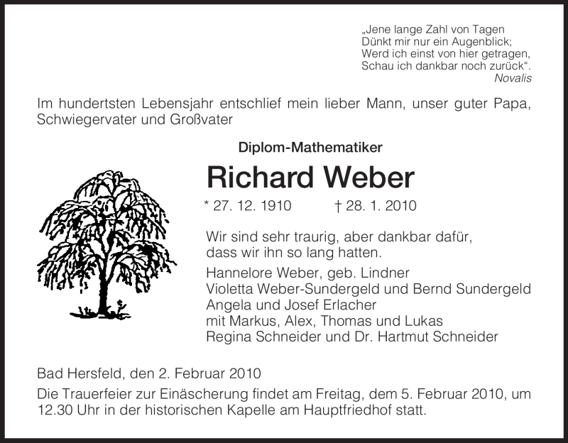  Traueranzeige für Richard Weber vom 02.02.2010 aus HERSFELDER ZEITUNG