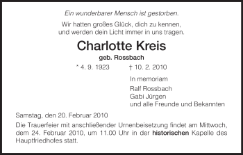 Traueranzeige von Charlotte Kreis von HERSFELDER ZEITUNG