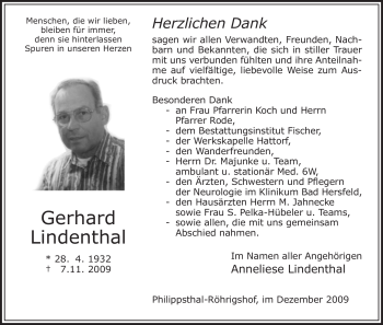 Traueranzeige von Gerhard Lindenthal von HERSFELDER ZEITUNG