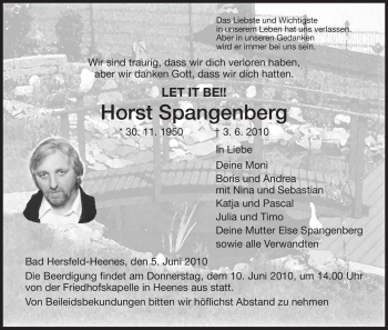 Traueranzeige von Horst Spangenberg von HERSFELDER ZEITUNG