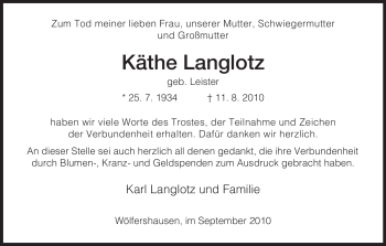 Traueranzeige von Käthe Langlotz von HERSFELDER ZEITUNG