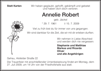 Traueranzeige von Annelie Robert von HERSFELDER ZEITUNG