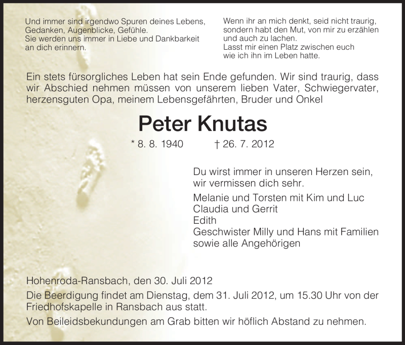  Traueranzeige für Peter Knutas vom 30.07.2012 aus HERSFELDER ZEITUNG