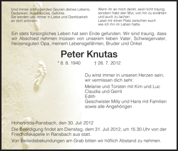 Traueranzeige von Peter Knutas von HERSFELDER ZEITUNG