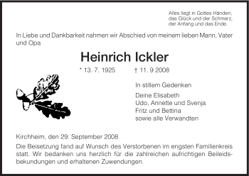 Traueranzeige von Heinrich Ickler von HERSFELDER ZEITUNG