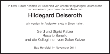 Traueranzeige von Hildegard Deiseroth von HERSFELDER ZEITUNG
