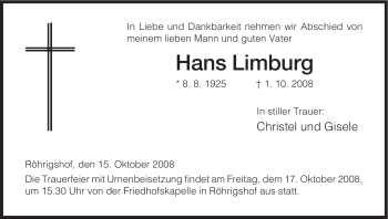 Traueranzeige von Hans Limburg von HERSFELDER ZEITUNG