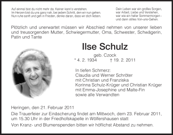 Traueranzeige von Ilse Schulz von HERSFELDER ZEITUNG