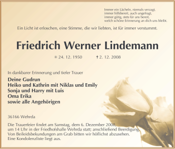 Traueranzeige von Friedrich Werner Lindemann von HERSFELDER ZEITUNG