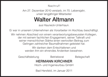 Traueranzeige von Walter Altmann von HERSFELDER ZEITUNG