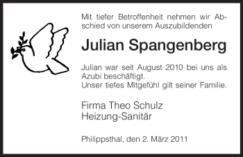 Traueranzeige von Julian Spangenberg von HERSFELDER ZEITUNG