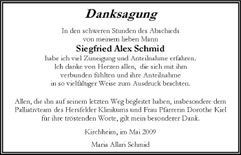 Traueranzeige von Siegfried Alex Schmid von HERSFELDER ZEITUNG