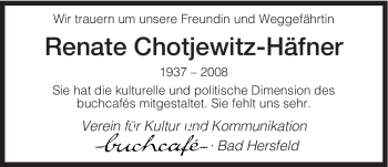 Traueranzeige von Renate Chotjewitz-Haefner von HERSFELDER ZEITUNG