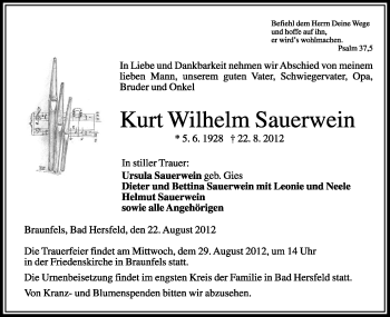 Traueranzeige von Kurt Wilhelm Sauerwein von HERSFELDER ZEITUNG