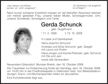 Traueranzeige von Gerda Schunck von HERSFELDER ZEITUNG