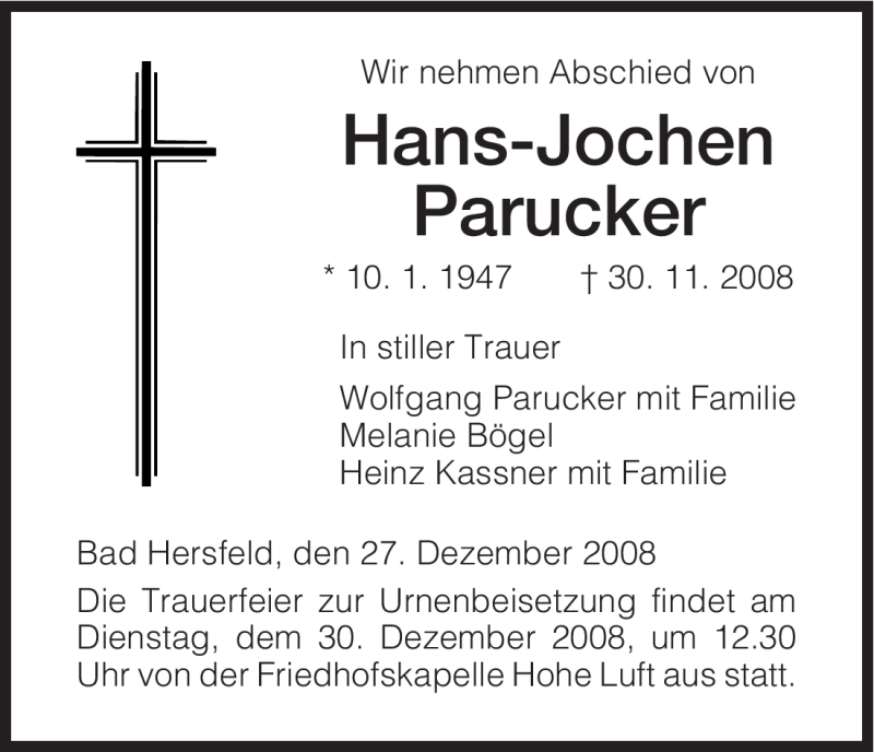  Traueranzeige für Hans-Jochen Parucker vom 27.12.2008 aus HERSFELDER ZEITUNG