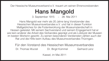 Traueranzeige von Hans Mangold von HERSFELDER ZEITUNG