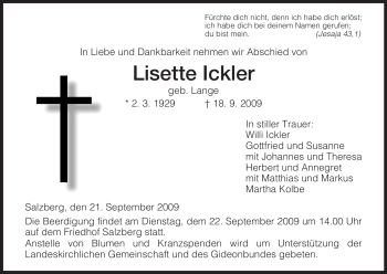 Traueranzeige von Lisette Ickler von HERSFELDER ZEITUNG