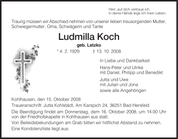 Traueranzeige von Ludmilla Koch von HERSFELDER ZEITUNG