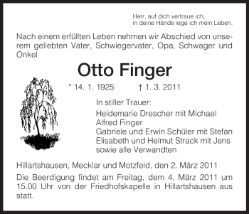 Traueranzeige von Otto Finger von HERSFELDER ZEITUNG