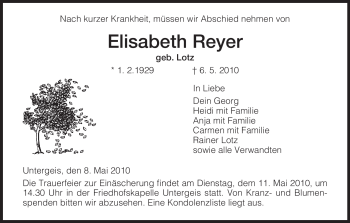 Traueranzeige von Elisabeth Reyer von HERSFELDER ZEITUNG