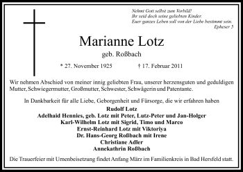 Traueranzeige von Marianne Lotz von HERSFELDER ZEITUNG