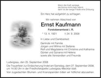 Traueranzeige von Ernst Kaufmann von HERSFELDER ZEITUNG