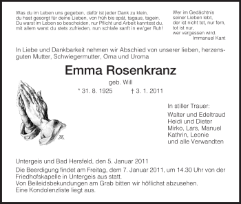 Traueranzeige von Emma Rosenkranz von HERSFELDER ZEITUNG