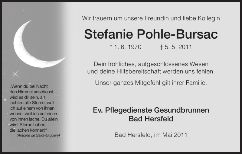  Traueranzeige für Stefanie Pohle-Bursac vom 10.05.2011 aus HERSFELDER ZEITUNG
