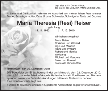 Traueranzeige von Maria Theresia Reiser von HERSFELDER ZEITUNG