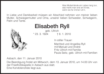 Traueranzeige von Elisabeth Ryll von HERSFELDER ZEITUNG