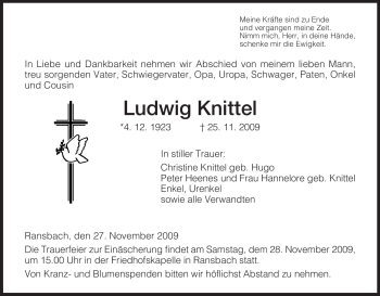 Traueranzeige von Ludwig Knittel von HERSFELDER ZEITUNG