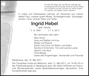 Traueranzeige von Ingrid Hebel von HERSFELDER ZEITUNG