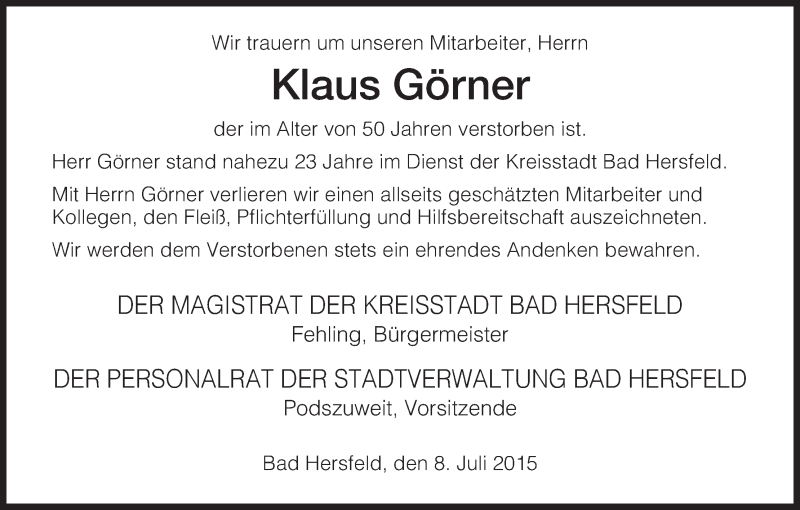  Traueranzeige für Klaus Görner vom 08.07.2015 aus Hersfeld