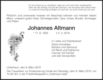 Traueranzeige von Johannes Altmann von HERSFELDER ZEITUNG