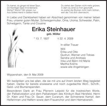 Traueranzeige von Erika Steinhauer von HERSFELDER ZEITUNG