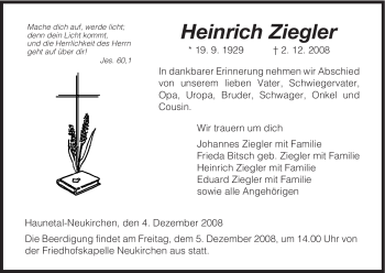 Traueranzeige von Heinrich Ziegler von HERSFELDER ZEITUNG