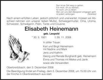 Traueranzeige von Elisabeth Heinemann von HERSFELDER ZEITUNG