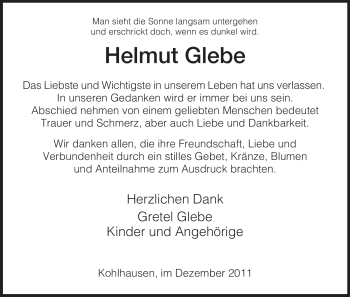 Traueranzeige von Helmut Glebe von HERSFELDER ZEITUNG