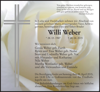 Traueranzeige von Willi Weber von Hersfeld