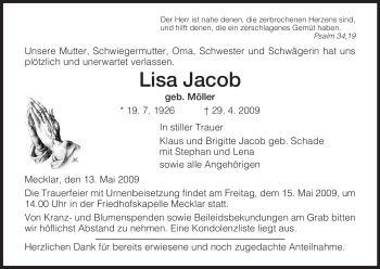 Traueranzeige von Lisa Jacob von HERSFELDER ZEITUNG